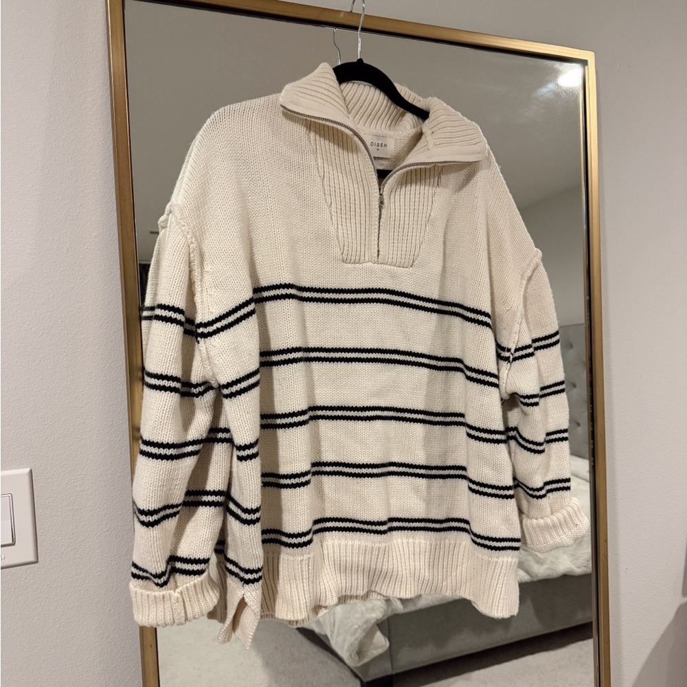 Dissh Quarter-Zip Striped Knit Sweater - Cream with Black Stripes